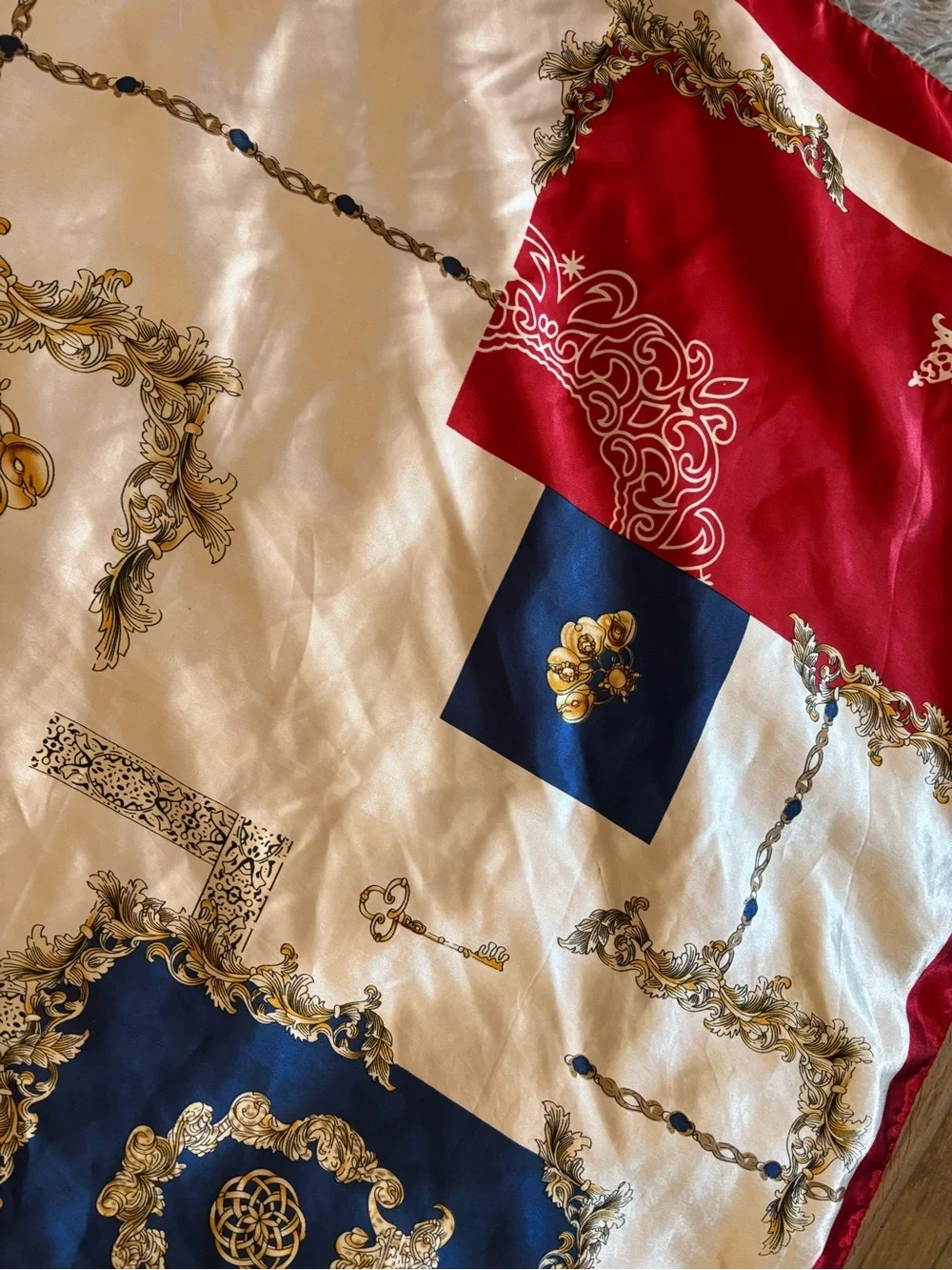 Red, Navy & Cream Decorative Silk Scarf